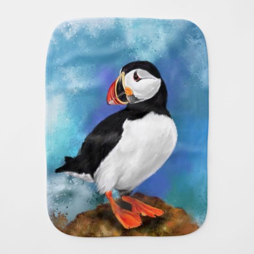 Beautiful Atlantic Puffin Bird Painting Migned Art Baby Burp Cloth