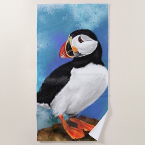 Beautiful Atlantic Puffin Bird Painting Migned Art Beach Towel