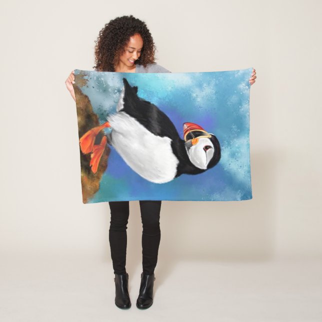 Beautiful Atlantic Puffin Bird Painting Migned Art Fleece Blanket (In Situ)
