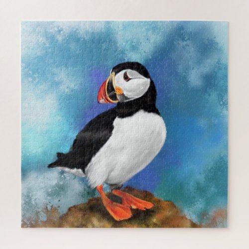 Beautiful Atlantic Puffin Bird Painting Migned Art Jigsaw Puzzle