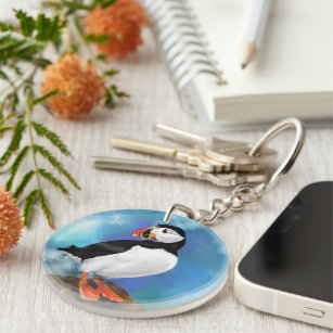 Beautiful Atlantic Puffin Bird Painting Migned Art Keychain