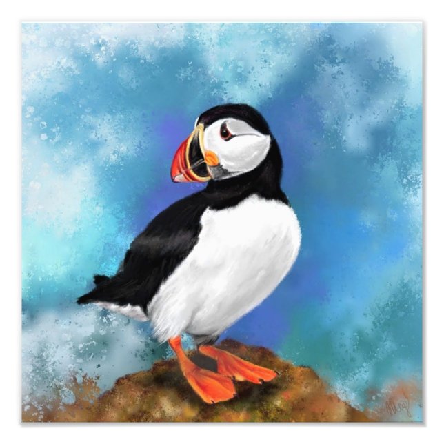 Beautiful Atlantic Puffin Bird Painting Migned Art Photo Print (Front)