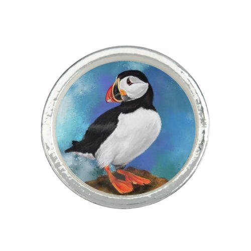 Beautiful Atlantic Puffin Bird Painting Migned Art Ring