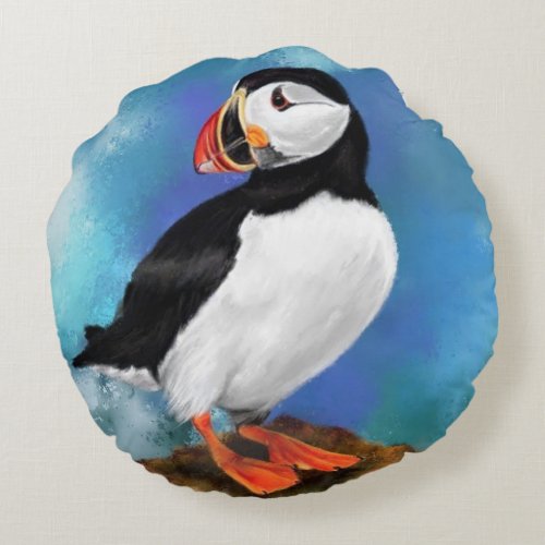Beautiful Atlantic Puffin Bird Painting Migned Art Round Pillow