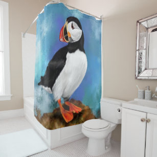 Beautiful Atlantic Puffin Bird Painting Migned Art Shower Curtain