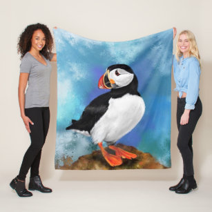 Beautiful Atlantic Puffin Bird Painting Migned  Fleece Blanket