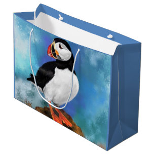 Beautiful Atlantic Puffin Bird Painting Migned  Large Gift Bag