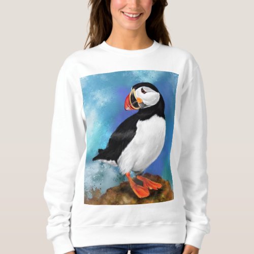 Beautiful Atlantic Puffin Bird Painting Migned  Sweatshirt