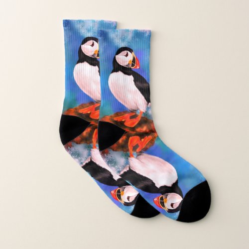 Beautiful Atlantic Puffin Bird _ Painting Socks