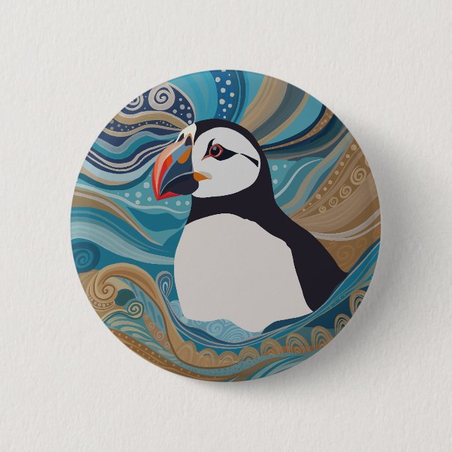 Beautiful Atlantic Puffin Ocean Waves Button (Front)