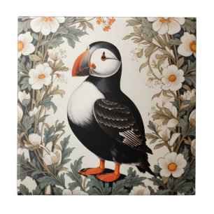 Beautiful Atlantic Puffin White Flowers Ceramic Tile