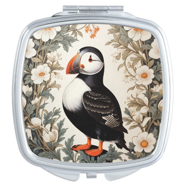 Beautiful Atlantic Puffin White Flowers Compact Mirror (Front)