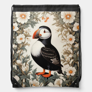 Beautiful Atlantic Puffin White Flowers Drawstring Bag