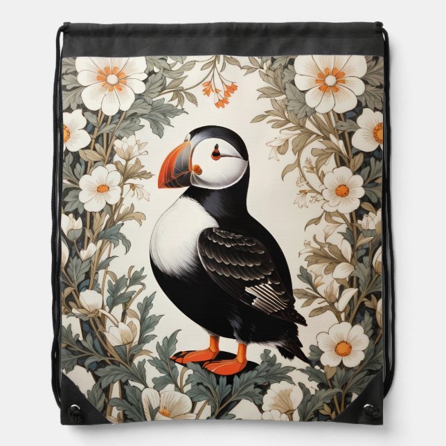 Beautiful Atlantic Puffin White Flowers Drawstring Bag (Front)