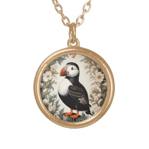 Beautiful Atlantic Puffin White Flowers Gold Plated Necklace