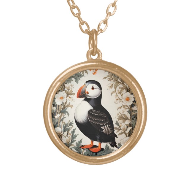 Beautiful Atlantic Puffin White Flowers Gold Plated Necklace (Front)