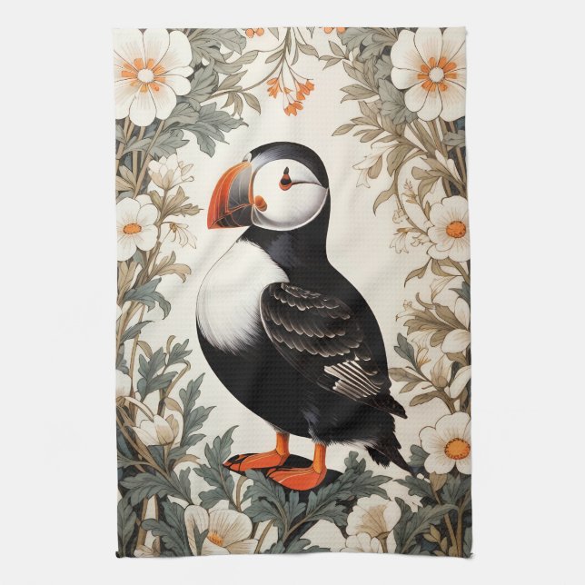 Beautiful Atlantic Puffin White Flowers Kitchen Towel (Vertical)