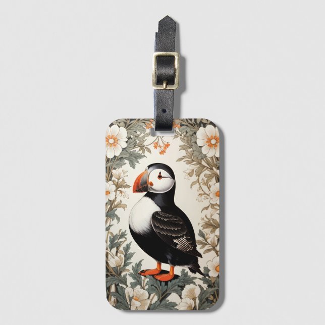 Beautiful Atlantic Puffin White Flowers Luggage Tag (Front Vertical)