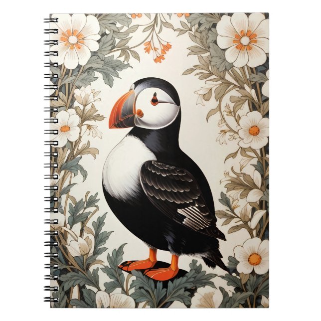 Beautiful Atlantic Puffin White Flowers Notebook (Front)