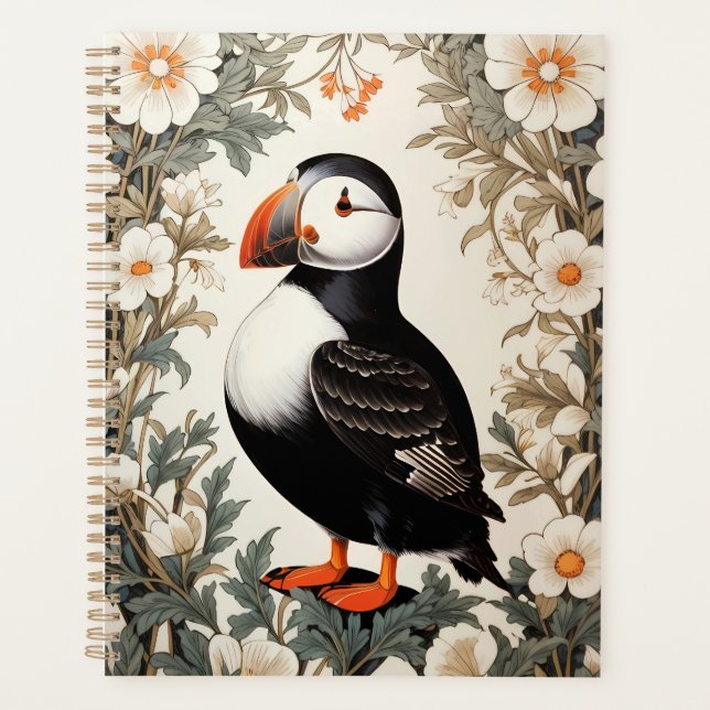 Beautiful Atlantic Puffin White Flowers Planner (Front)