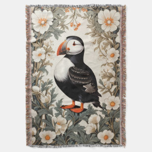 Beautiful Atlantic Puffin White Flowers Throw Blanket