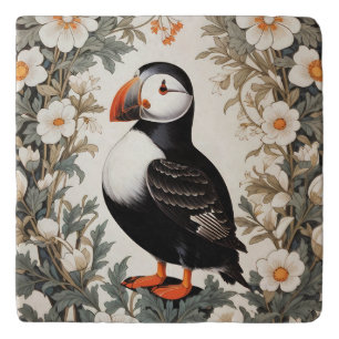 Beautiful Atlantic Puffin White Flowers Trivet