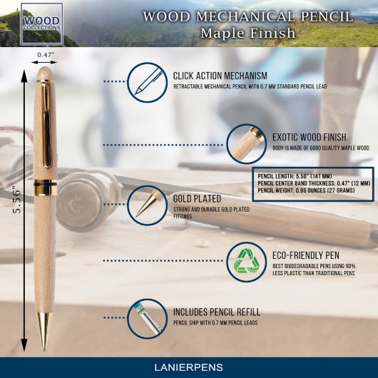 Beautiful Attractive Maple Wood Mechanical Pencil (Pen Details)