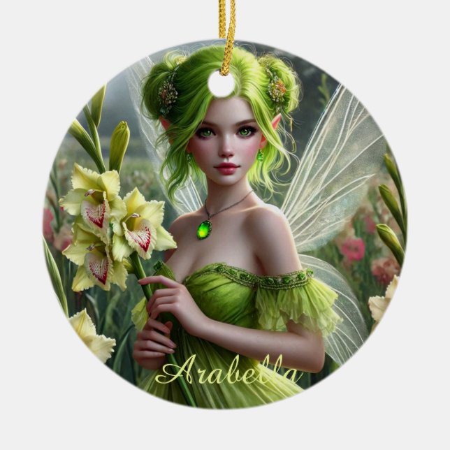 Beautiful August Fairy in Gladioli Ceramic Ornament (Front)