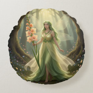 Beautiful August Peridot Fairy Round Pillow
