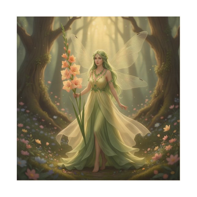 Beautiful August Peridot Fairy Wood Wall Art (Front)