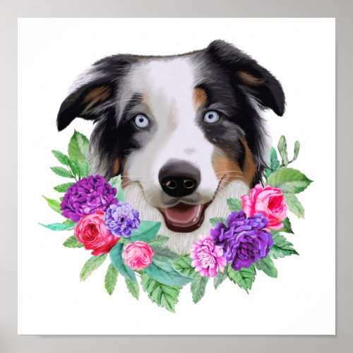 Beautiful Australian Shepherd Hand Drawn Floral Poster