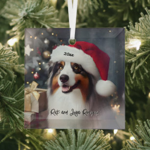 Beautiful Australian Shepherd with Santa Hat Glass Ornament
