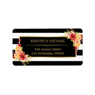 Beautiful Autumn Floral Gold Black White Stripes Label