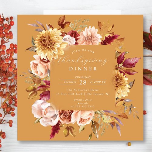 Beautiful Autumn Floral Wreath Thanksgiving Invitation