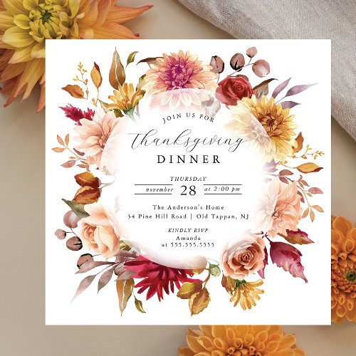 Beautiful Autumn FloraWreath Thanksgiving Invitation