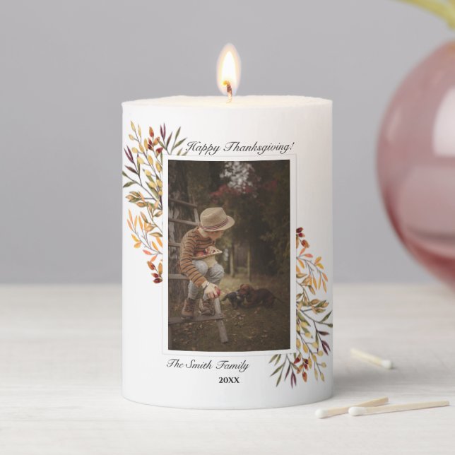 Beautiful Autumn Foliage Thanksgiving Photo Pillar Candle (In Situ)