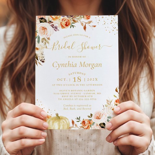 Beautiful Autumn Gold Floral Fall Bridal Shower Invitation