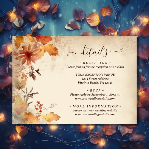 Beautiful Autumn Leaf Flower Fall Wedding Details Enclosure Card