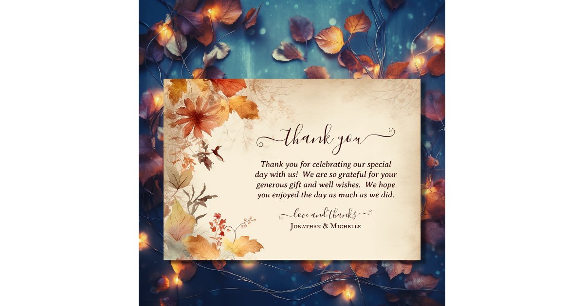 Beautiful Autumn Leaf Flower Fall Wedding Thank You Card | Zazzle
