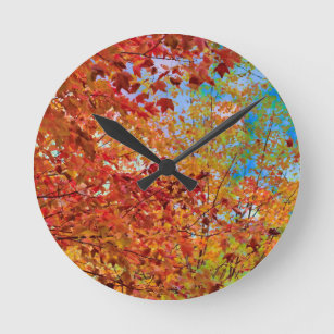 Beautiful Autumn Leaves Colorful Orange Fall Theme Round Clock