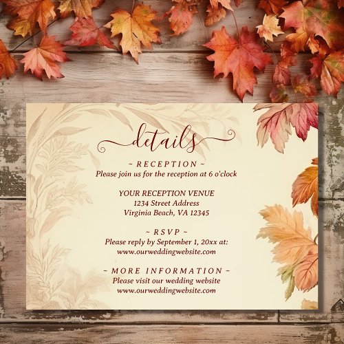 Beautiful Autumn Leaves Fall Wedding Details Enclosure Card