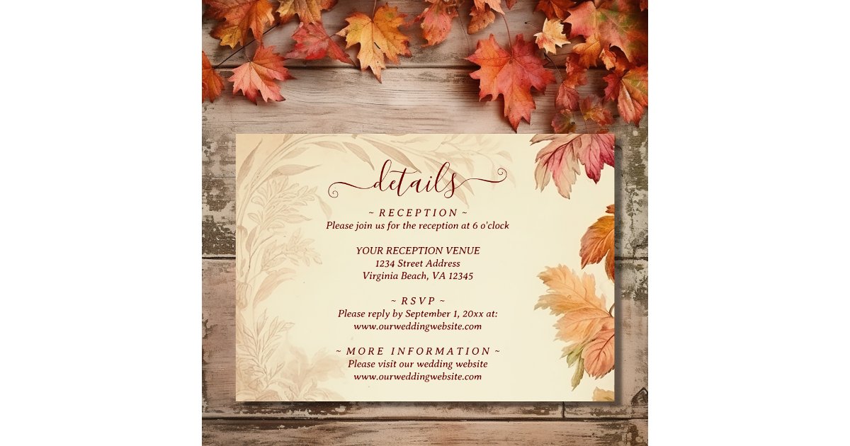 Beautiful Autumn Leaves Fall Wedding Details Enclosure Card | Zazzle