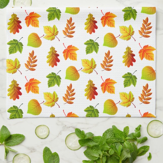 Beautiful Autumn Leaves on White Kitchen Towel (Folded)
