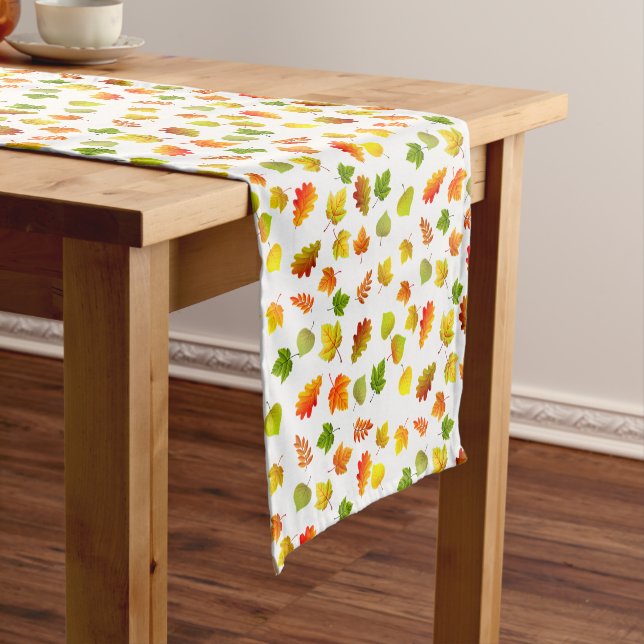 Beautiful Autumn Leaves on White Short Table Runner (In Situ)
