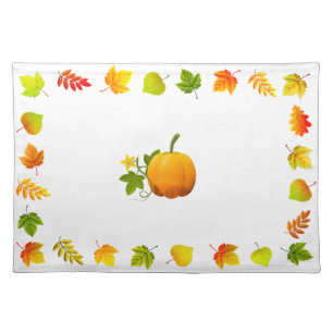 Beautiful Autumn Leaves & Pumpkin on White Cloth Placemat