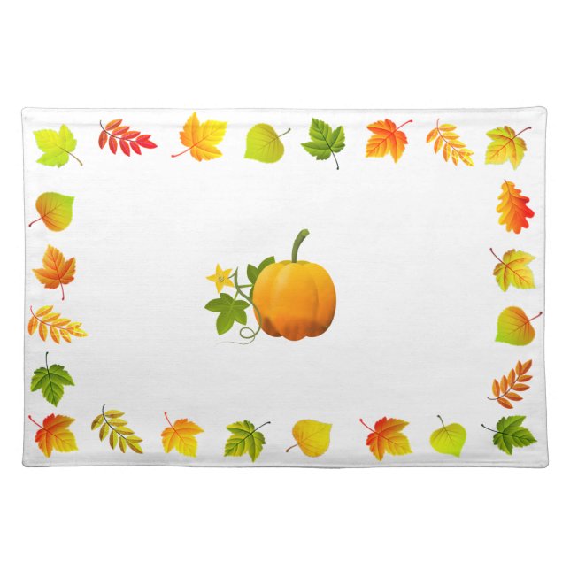 Beautiful Autumn Leaves & Pumpkin on White Cloth Placemat (Front)