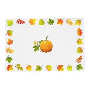 Beautiful Autumn Leaves & Pumpkin on White Placemat