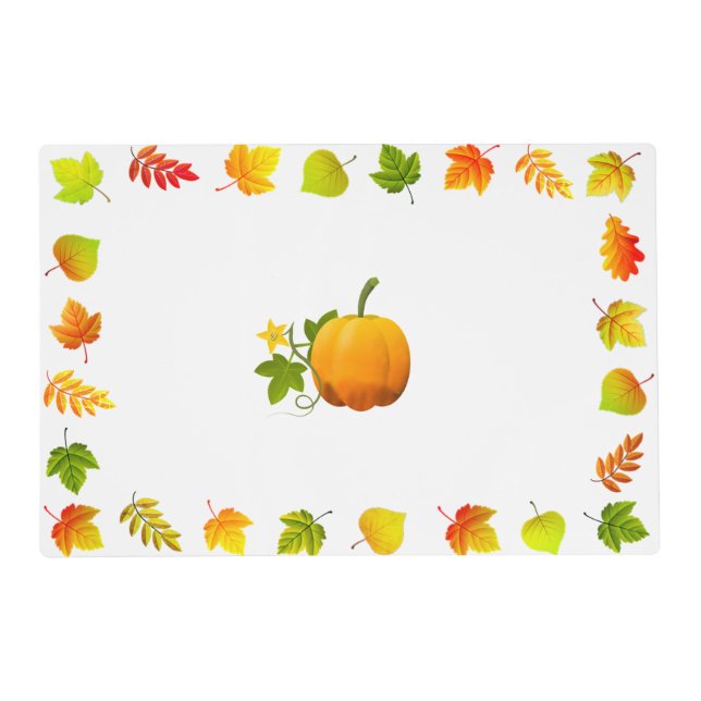 Beautiful Autumn Leaves & Pumpkin on White Placemat (Front)