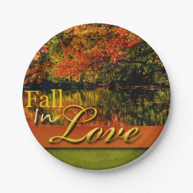 Beautiful Autumn Photo Fall In Love Wedding Rustic Paper Plates (Front)