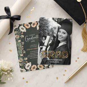 Beautiful B&W Floral Green Graduate Photo Party Invitation